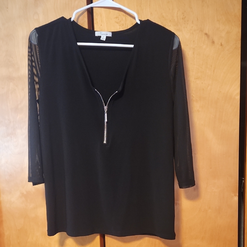 Black Zip-Front Top with Sheer Sleeves
